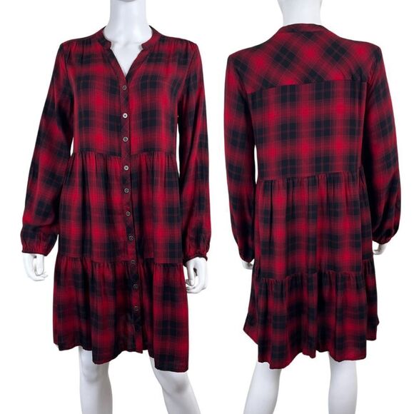 Knox Rose Womens Size M Red Plaid Long Sleeve Tiered Button Down Mini Dress - Picture 1 of 13